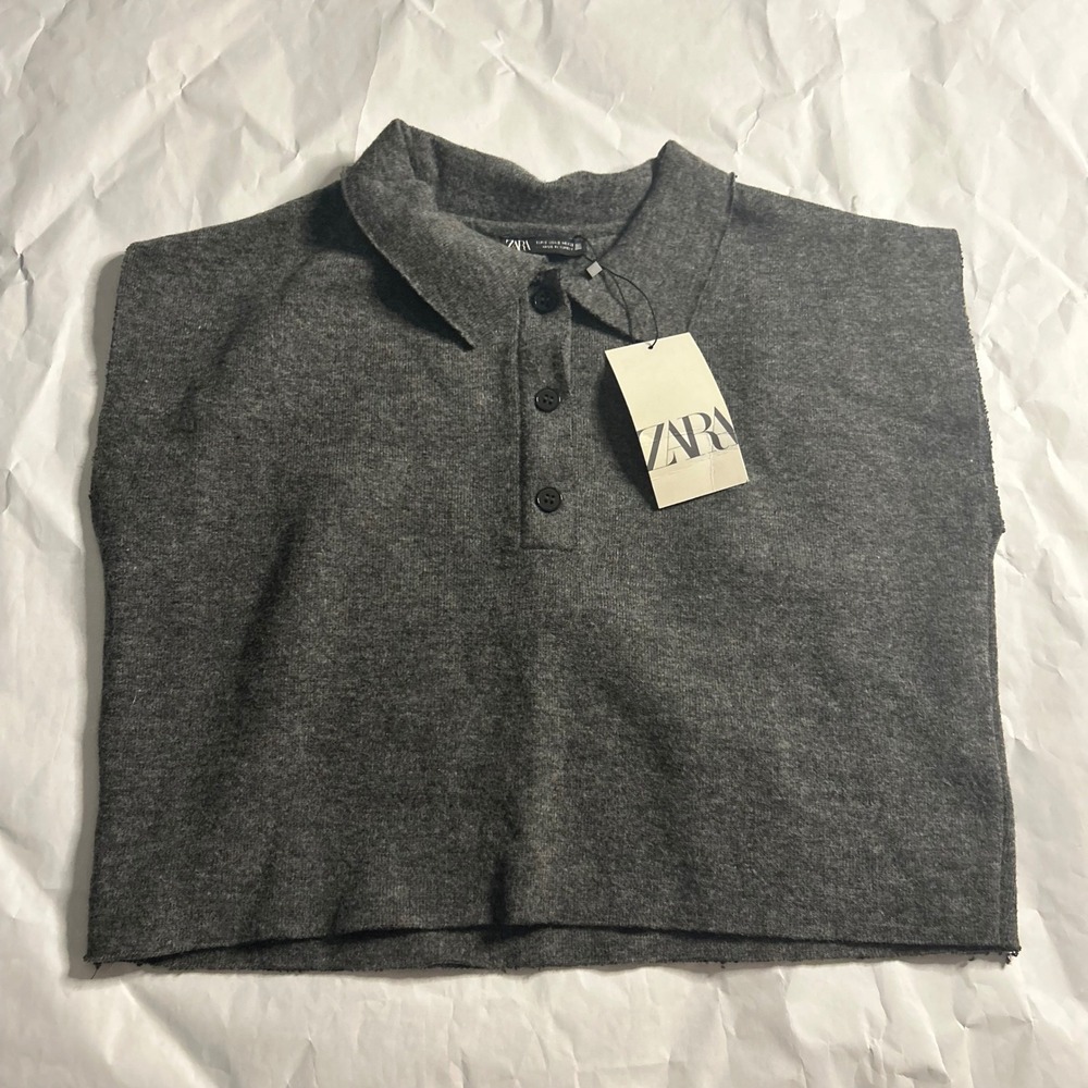 ZARA Womens Knit Collared Button Wool Sweater Vest Top Caridgan Cut Off Gray S